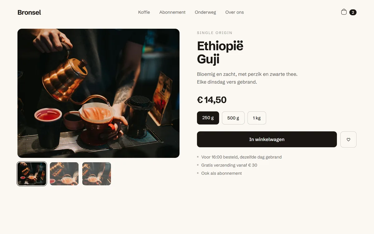 Voorbeeldontwerp: productpagina van een koffiewebshop in een browservenster